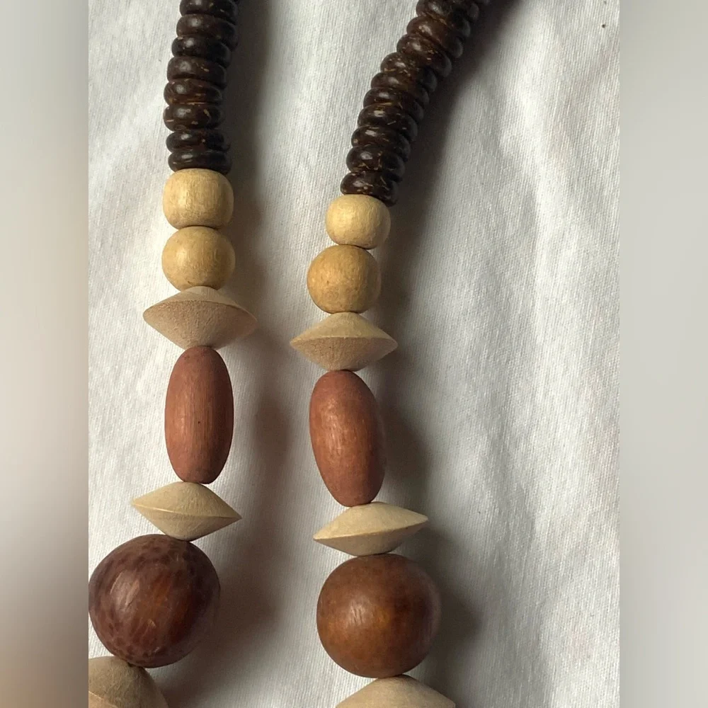 Statement Chunky Wood And Coconut Shell Bead Necklace Bohemian Tribal Brown